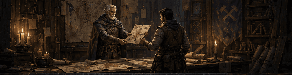 The Awakener's study: maps and survey scrolls spread across a candlelit table