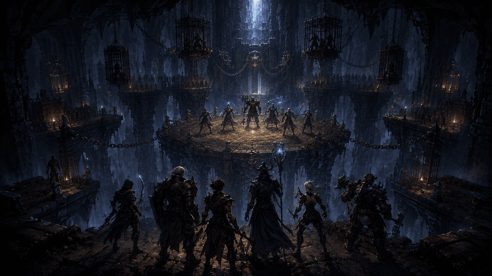 A squad of Awakened facing armored figures on a vast chained platform in the dark
