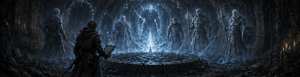 The Crucible: a ring of stone around a pale light, watched by armored Awakened