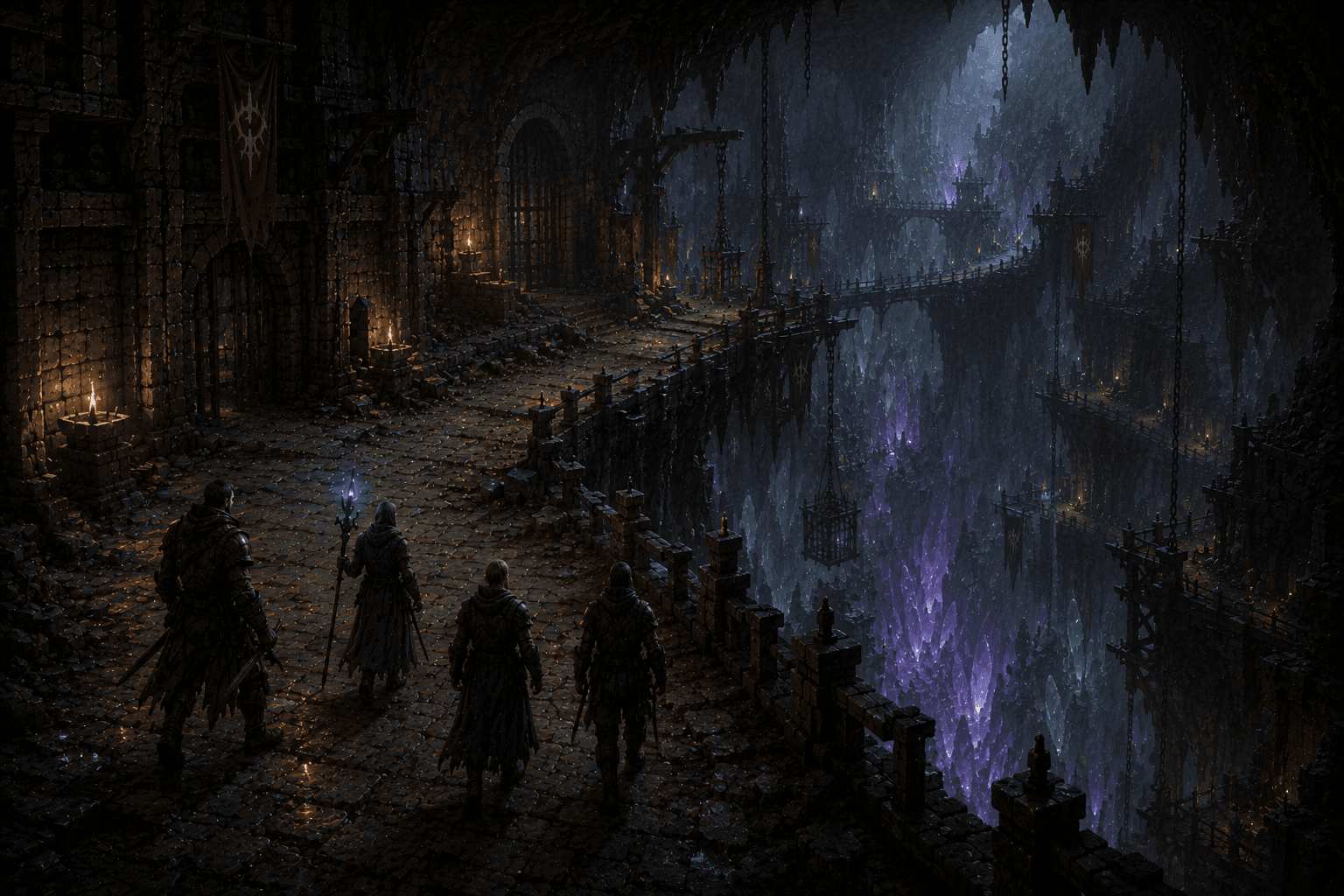 An expedition of four walking a fortified rampart above a vast abyss of glowing crystal