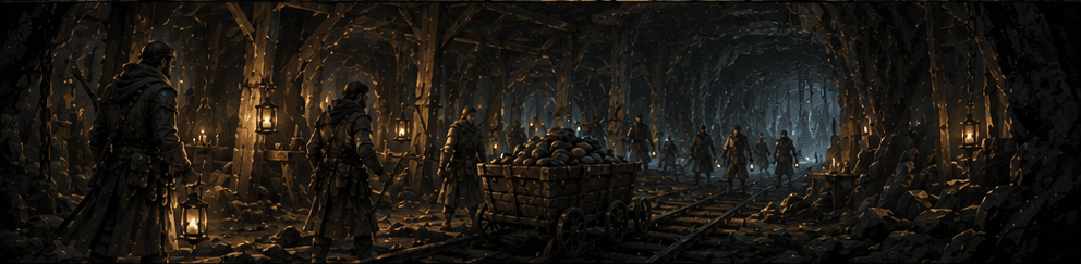 Tunnelers with lanterns and an ore cart, working a timbered gallery on rails