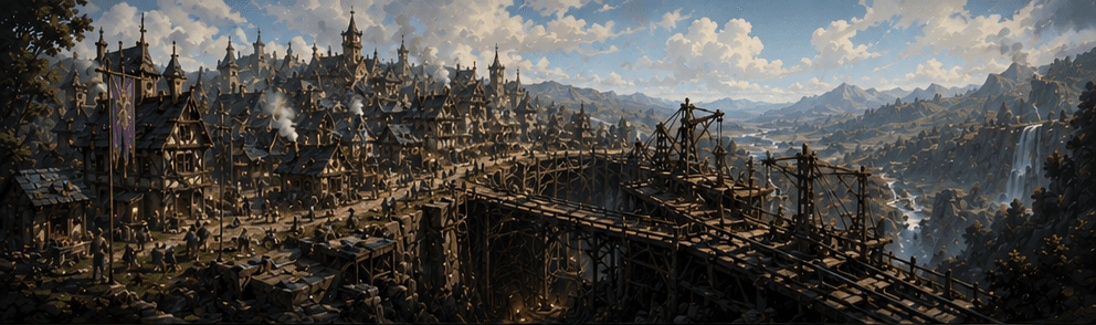 The Village: rooftops and chimneys crowded around the great winch scaffold at the shaft mouth