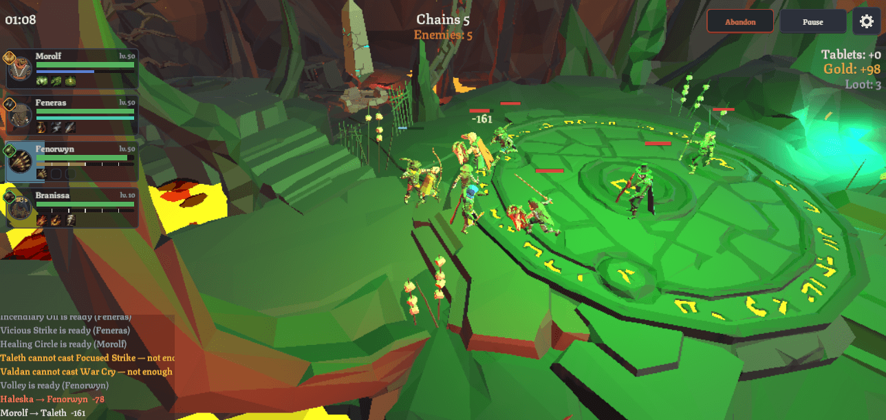 In-game Chains fight: the squad battling enemy Awakened on a runic circle in a green cavern