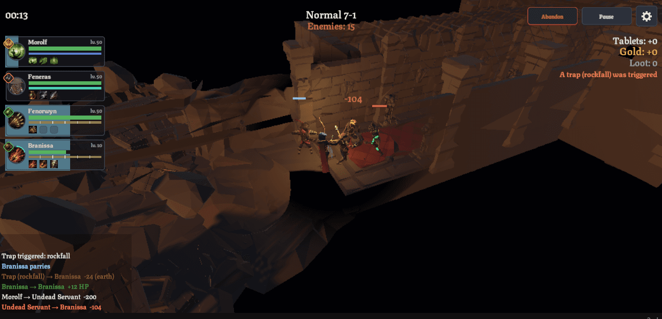 In-game battle in the campaign: a squad of four heroes fighting on a stone bridge, with the combat log running