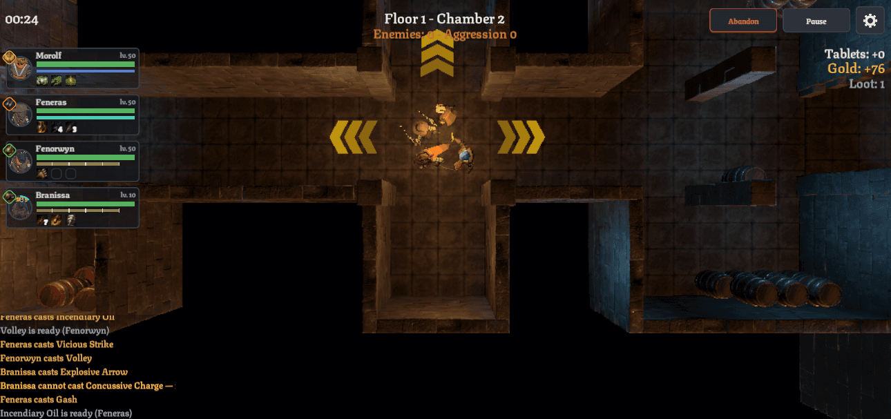 In-game Halls of Dreams run: the squad choosing between three exits from a chamber on floor one