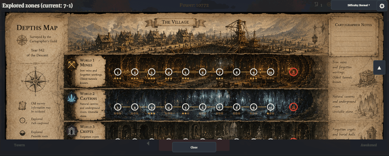 The in-game Depths Map: the village above, then World 1 Mines, World 2 Caverns and World 3 Crypts descending below it