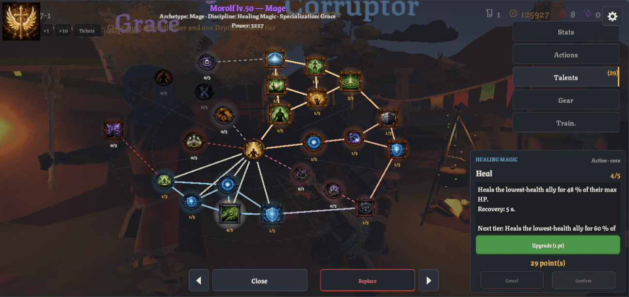 In-game talent web of a Grace, a Healing Magic specialization, with dozens of connected talent nodes