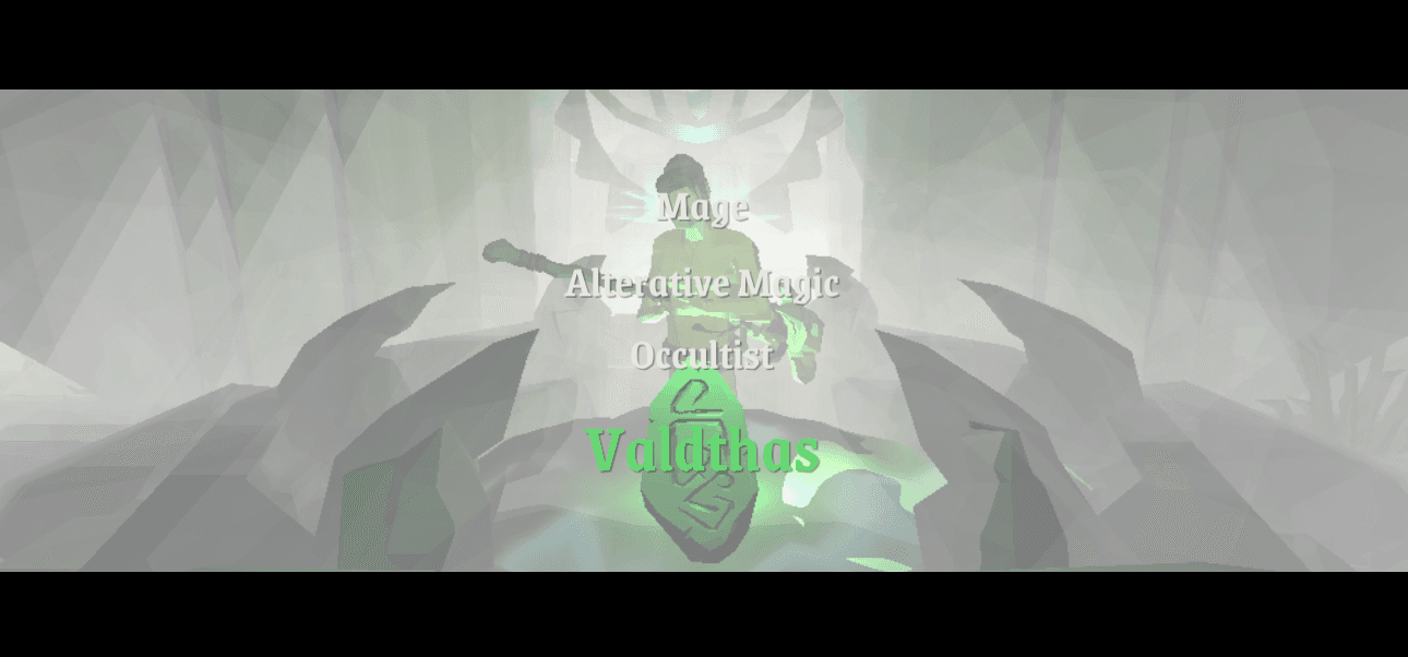 In-game recall of Valdthas, an Occultist of Alterative Magic, emerging from the Crucible